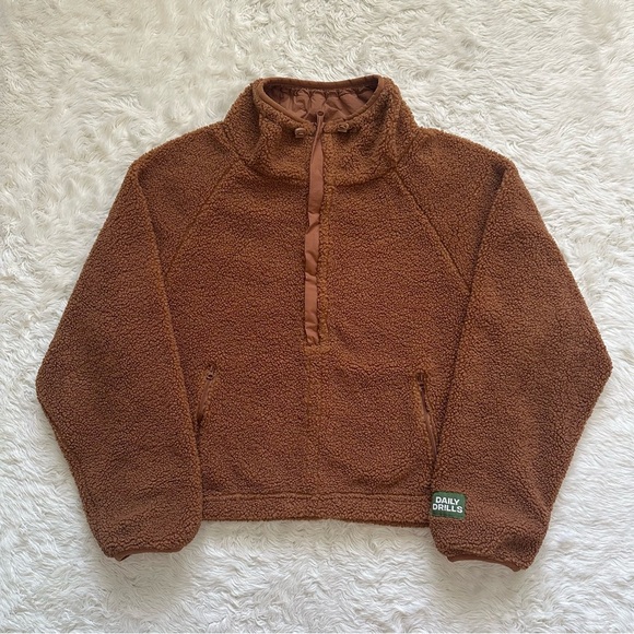 Daily Drills Jacket Cozy Quarter Zip Teddy Fleece Pullover Oak Brown Sz XS/S - Picture 3 of 12